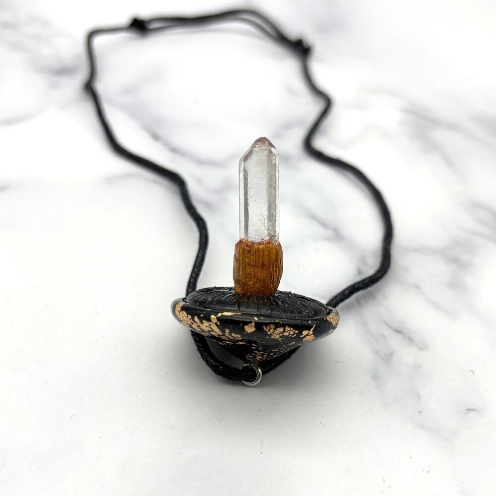 Black Mushroom Necklace with Quartz Crystal | Gold Leaf Polymer Clay Pendant - Picture 9 of 10